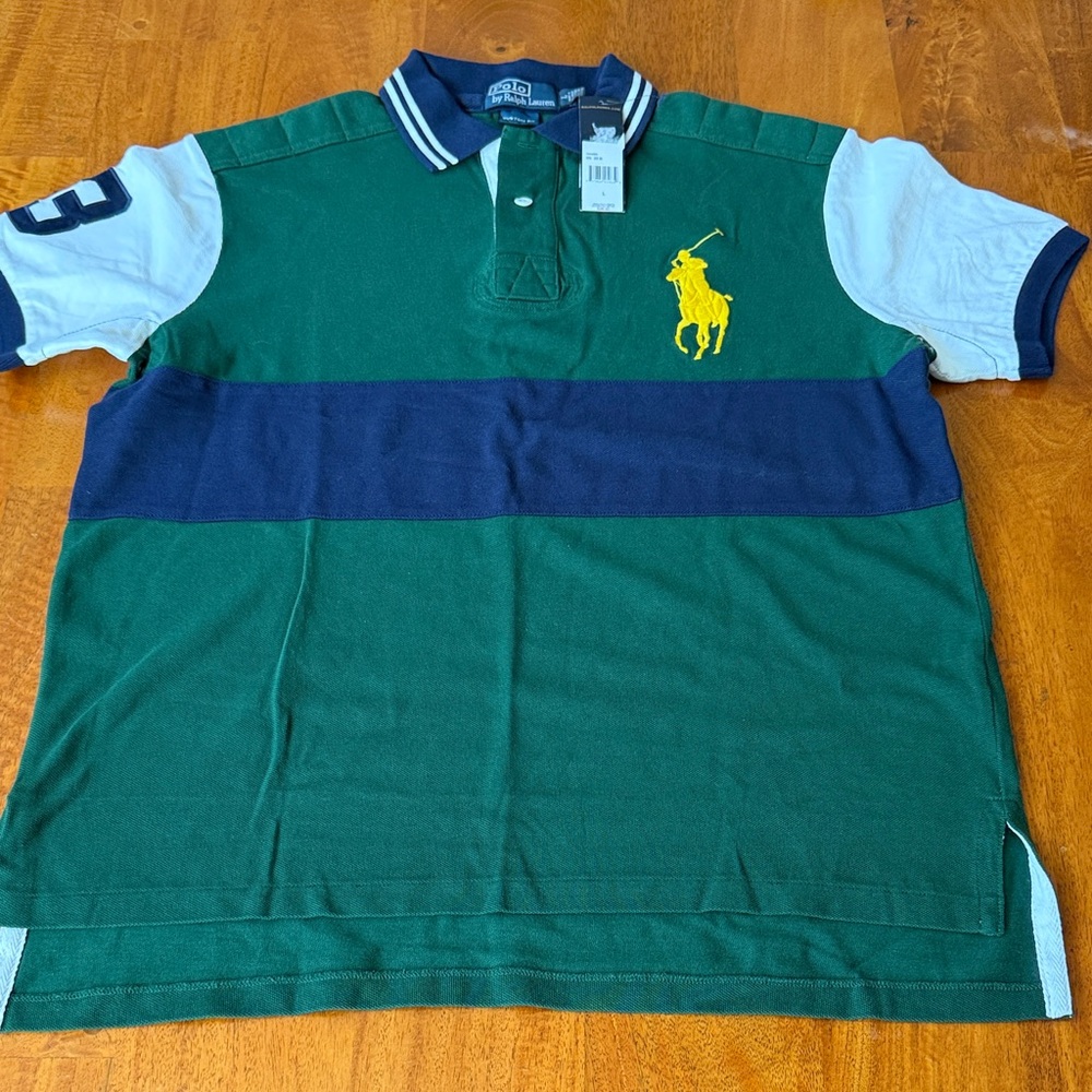 Ralph Lauren Green Polo with Navy Stripe and Yellow Pony